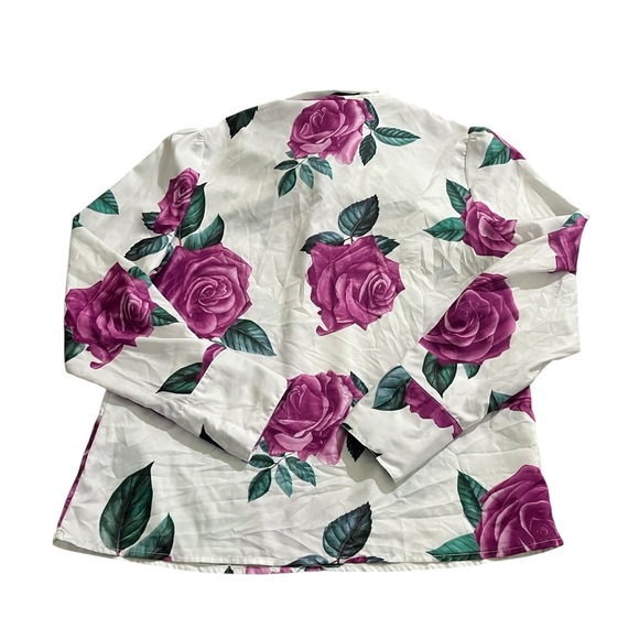 Chime Floral Print Tie-neck Blouse Large Purple Roses on a White Background Sz M - Picture 3 of 9